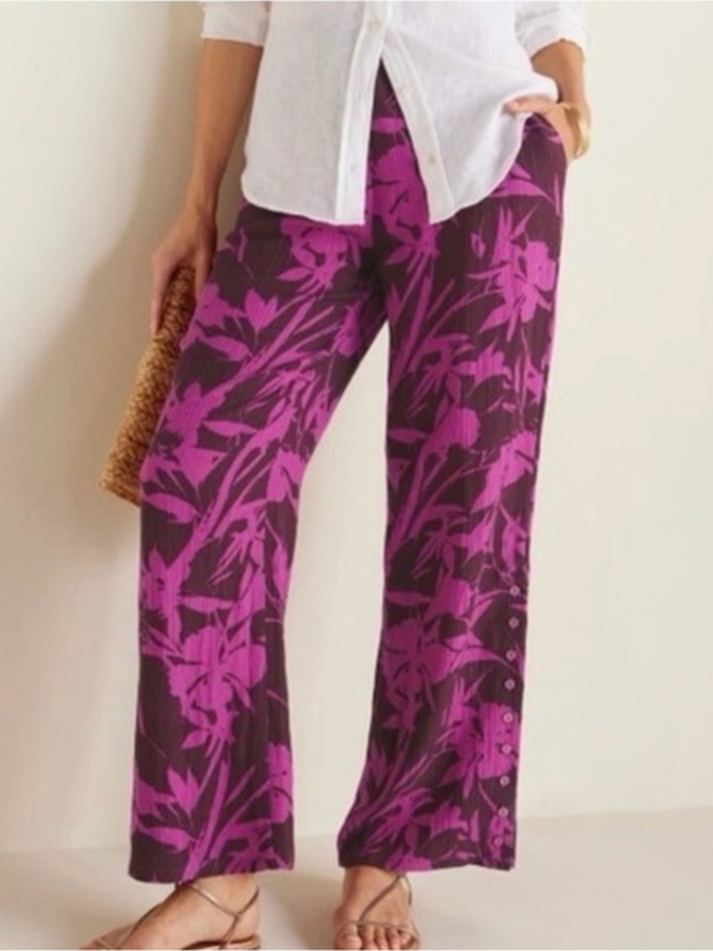 Soft Surroundings Oceo Gauze Floral Magenta Wide Leg Pull On Pants Size Medium